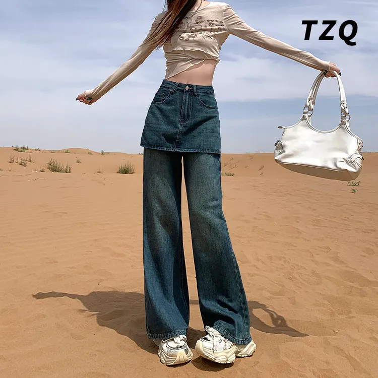 美式复古假两件牛仔裤裙女秋季设计感拼接宽松百搭阔腿裤TZQ91110
