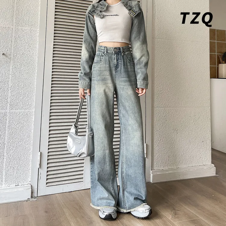 水洗复古设计感毛边直筒阔腿裤女高腰显瘦垂感牛仔裤子TZQ100562