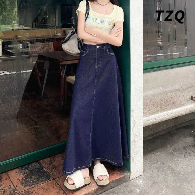 深蓝色辣妹牛仔 半身裙女夏季复古高腰显瘦垂感A字中长裙TZQ80246