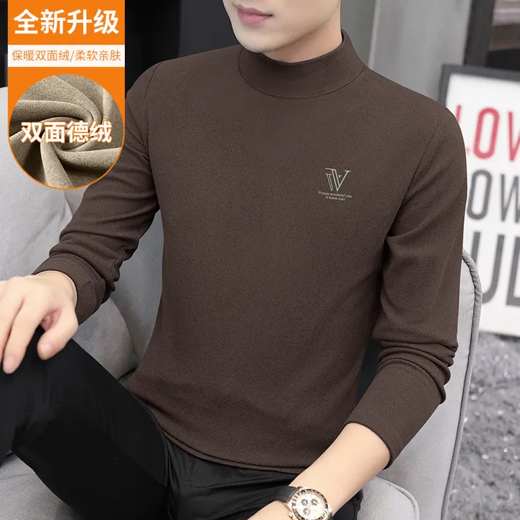 双面德绒半高领秋冬男士长袖t恤加厚保暖打底衫中领亲肤修身内搭