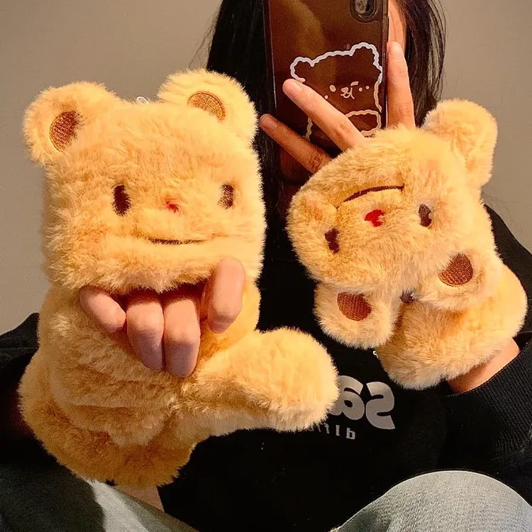 可爱小熊半指翻盖毛绒手套女秋冬季保暖加绒加厚可爱学生写字防寒