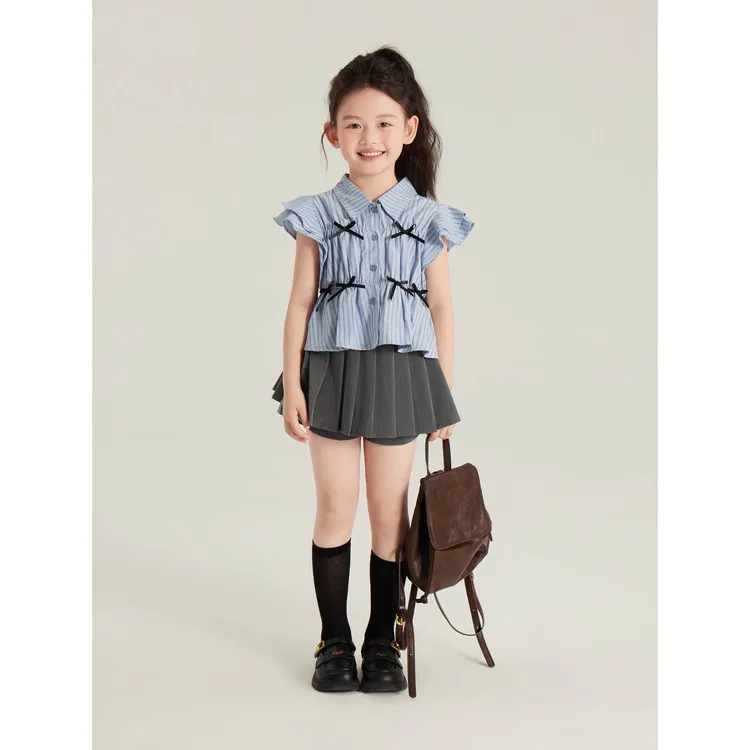 女童夏装衬衫女宝宝童装儿童小飞袖条纹衬衣+灰色裤裙套装