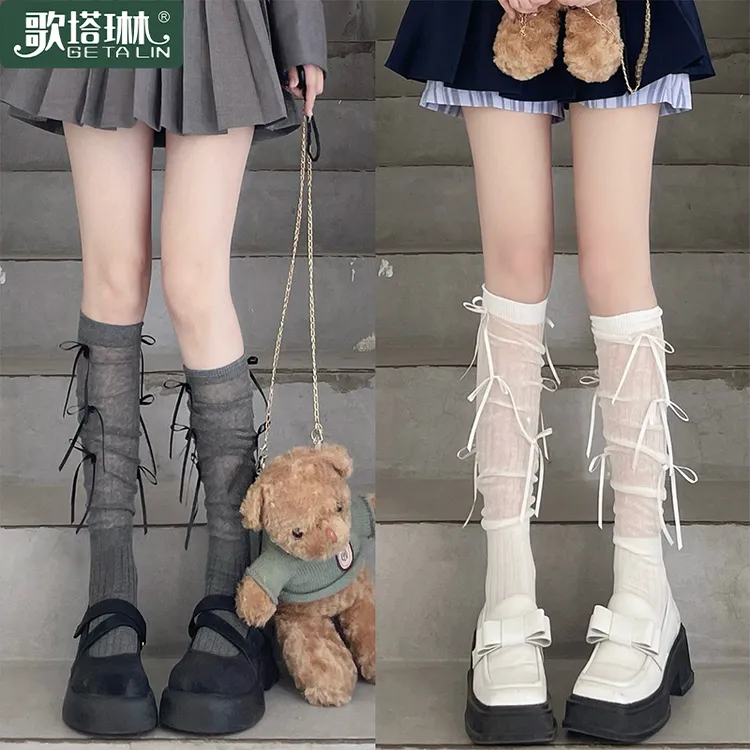【歌塔琳】蝴蝶结小腿袜学院风过膝长筒袜丝带堆堆袜春秋新款中筒袜