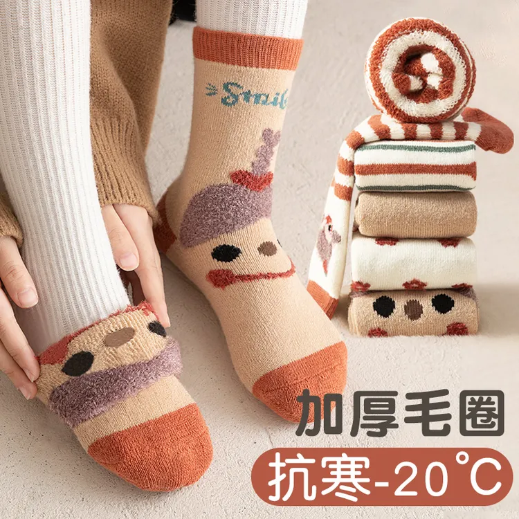 女童袜子秋冬棉袜中筒儿童加绒加厚保暖毛圈冬季可爱女孩宝宝棉袜