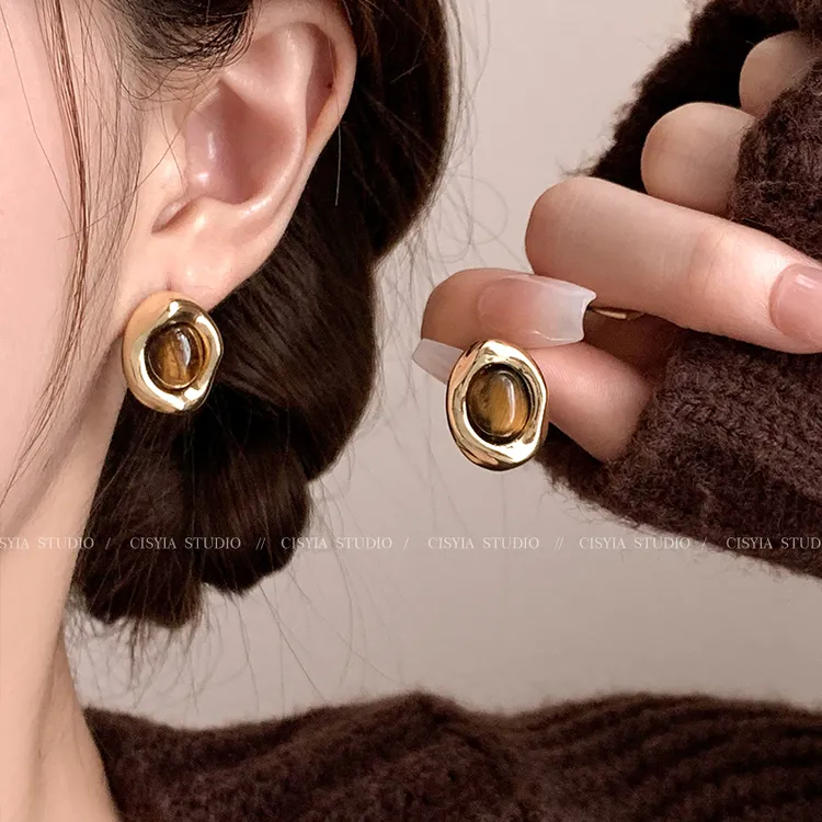 合金树脂耳饰 秋冬虎眼石耳钉女高级感美拉德复古气质耳饰耳环85