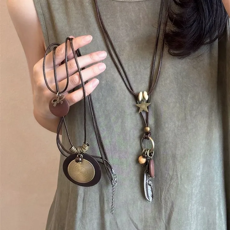 非金属布艺项链 新中式禅意长款羽毛项链复古民族风叠戴毛衣链C62商品图