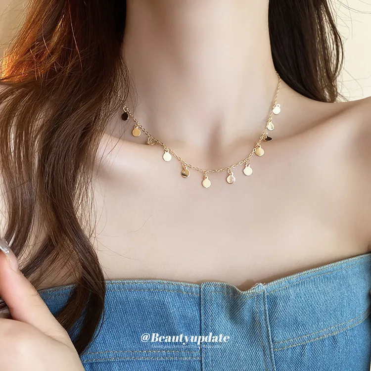 合金项链 圆形亮片项链女锁骨链轻奢高级感小众设计气质颈链C15