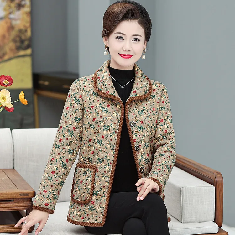 妈妈花棉袄秋冬装小棉衣短款棉服洋气中老年人大码加绒碎花小棉袄