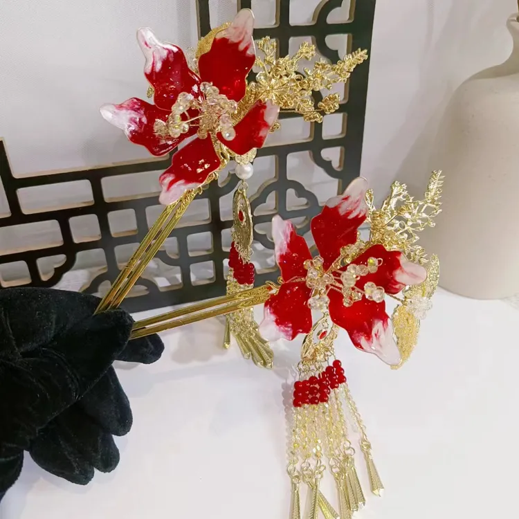 高级感步摇流苏发簪女新中式造液花盘发簪子古风汉服发饰旗袍头饰