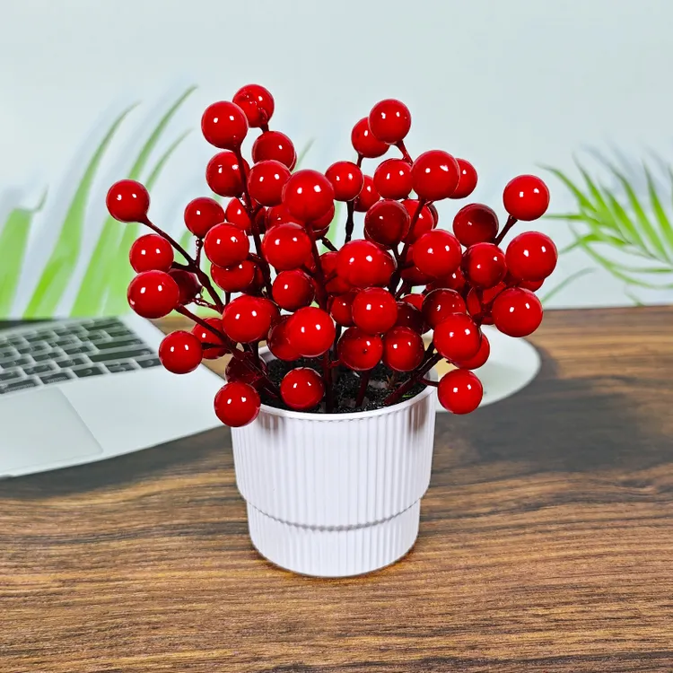 发财红果仿真花圣诞浆果相思豆幸运果婚庆家居装饰小盆栽玫瑰假花