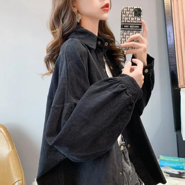 灯芯绒长袖衬衣女2021秋季宽松慵懒上衣中长款衬衫
