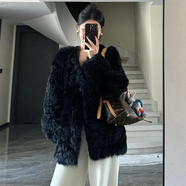 EQED秋冬加厚托斯卡纳皮毛一体外套V领宽松韩版时尚短款毛毛外套