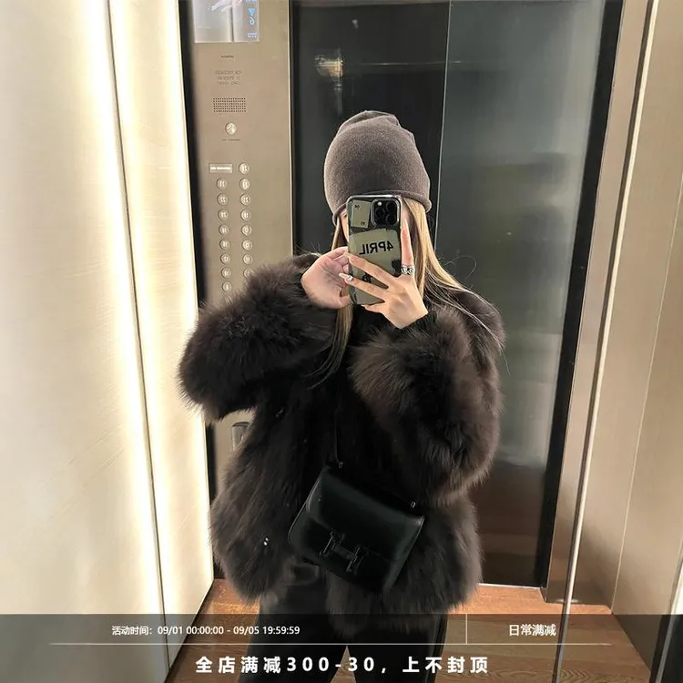 2024 海宁女装冬季V领加厚环保毛毛外套秋冬短款上衣