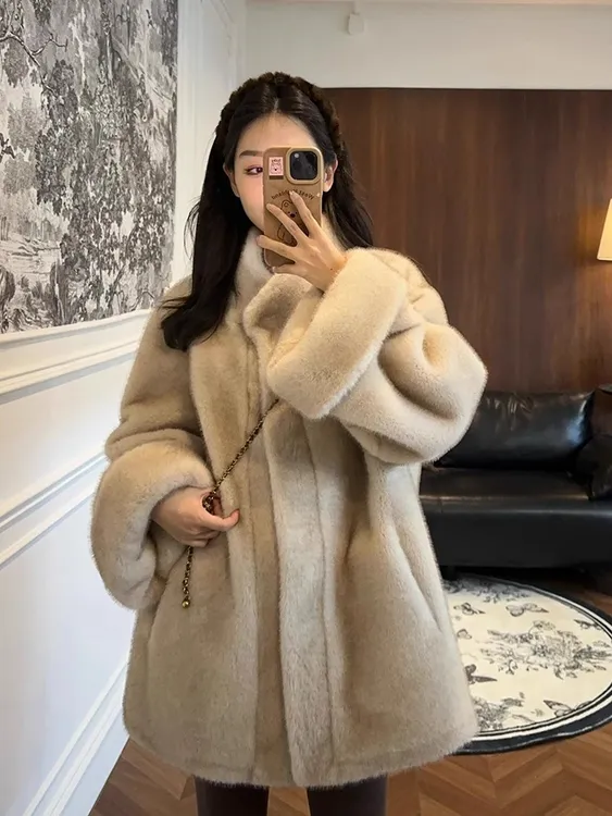 2025冬季新款韩版中长款立领挽袖中古貂毛宽松环保皮草女毛毛外套