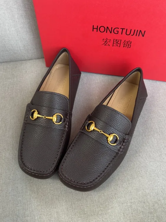 HONGTUJIN经典男款时尚棕色平底中古马衔扣驾车豆豆鞋真皮豆豆鞋