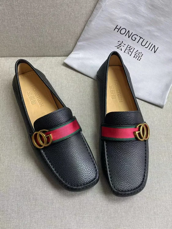 HONGTUJIN舒适男鞋经典百搭软底软面真皮时尚黑色平底真皮豆豆鞋