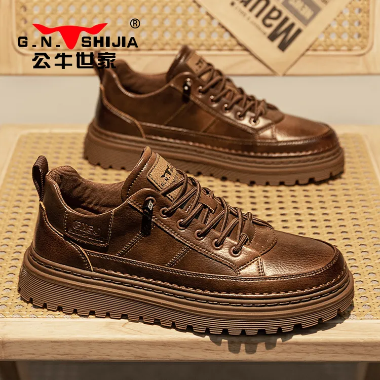 公牛世家男鞋2025新款工装板鞋英伦商务休闲皮鞋男士鞋子增高防滑