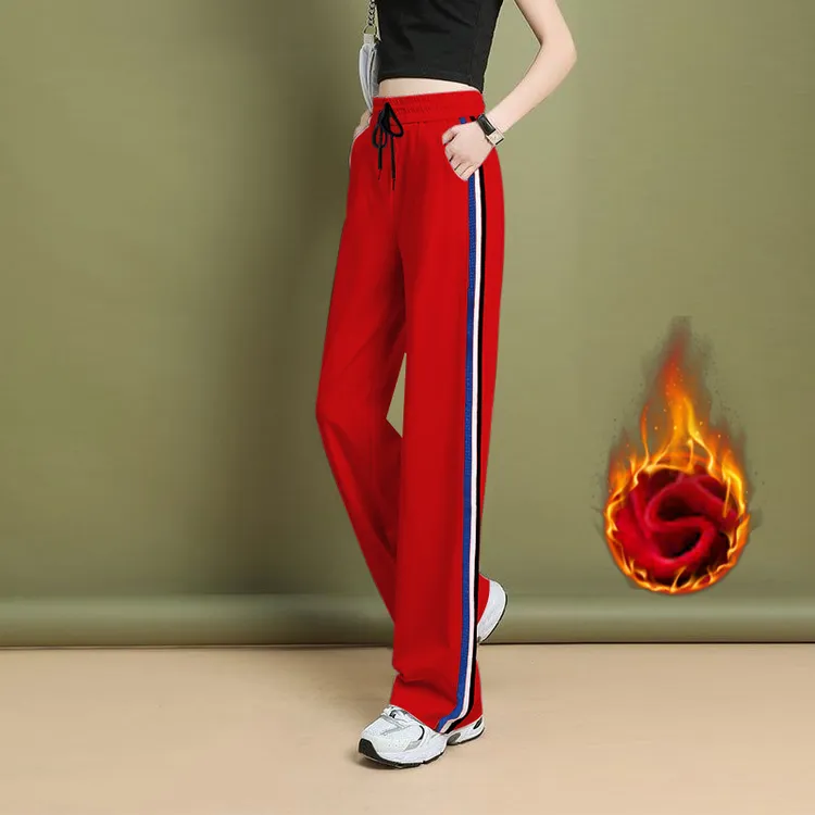 秋冬运动裤子女加绒大码直筒宽松显瘦加厚休闲裤女高腰阔腿裤长裤