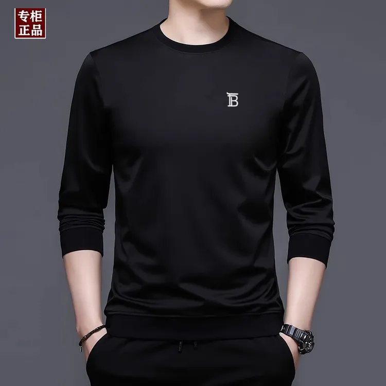 专柜英伦潮流男士秋季新款桑蚕丝T恤宽松纯色休闲百搭韩版长袖衫