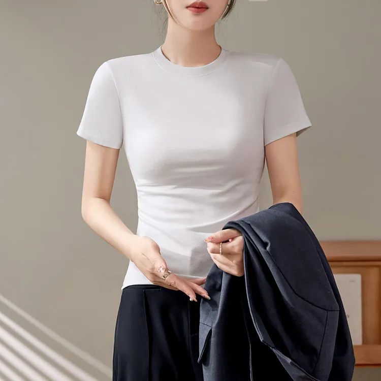 螺纹小圆领短袖T恤女夏季西装内搭上衣修身显瘦时尚纯色体恤打底