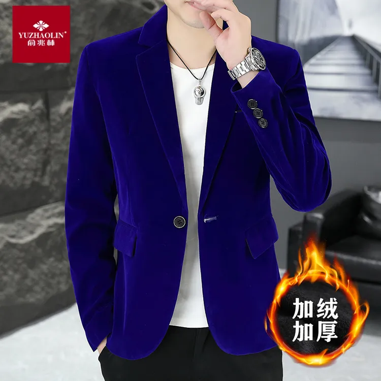 加厚平绒小西服男士休闲金丝绒西装男修身韩版帅气加绒西装