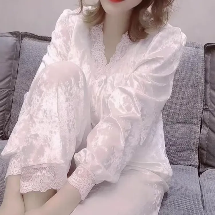 法式睡衣套装蕾丝边拼接丝绒长袖长裤家居服洋气减龄起居服
