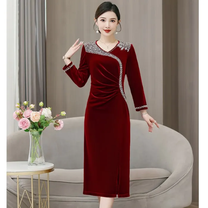 喜婆婆婚宴装金丝绒连衣裙时尚高贵中长款中年妈妈婚宴礼服显年轻