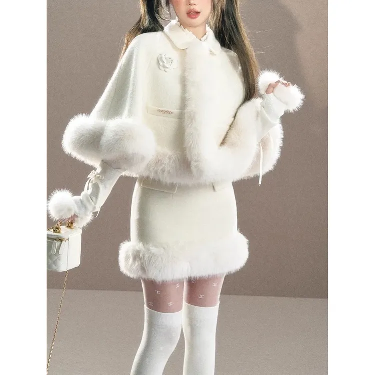 马德里雪夜/名媛风仿狐狸毛斗篷外套半身裙两件套女冬季气质套装