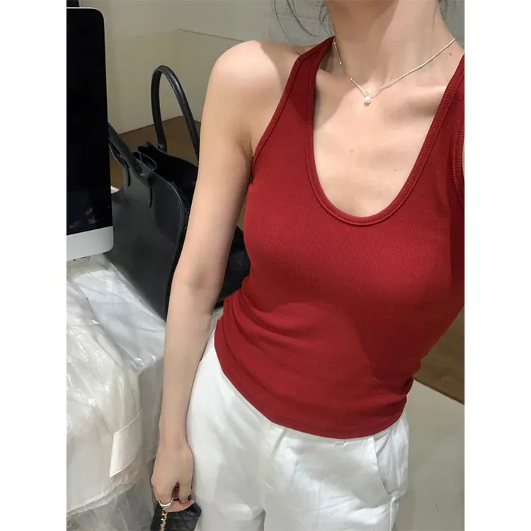 弹力挂脖修身背心女夏u领针织无袖白色百搭内搭吊带外穿纯色上衣