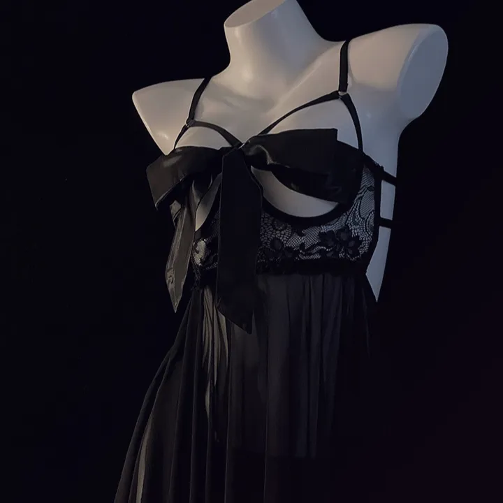 缎带蝴蝶结绑带睡衣网纱火辣蕾丝吊带睡裙少女连衣裙风情万种大码