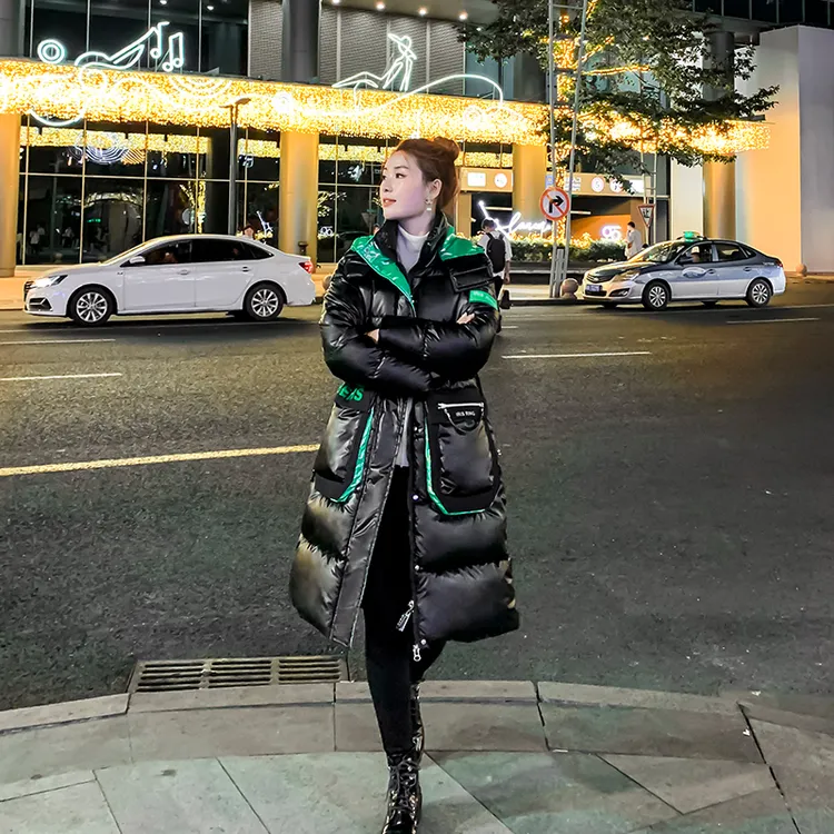 亮面免洗中长款冬季新款韩版过膝棉服女加厚保暖面包服棉衣外套