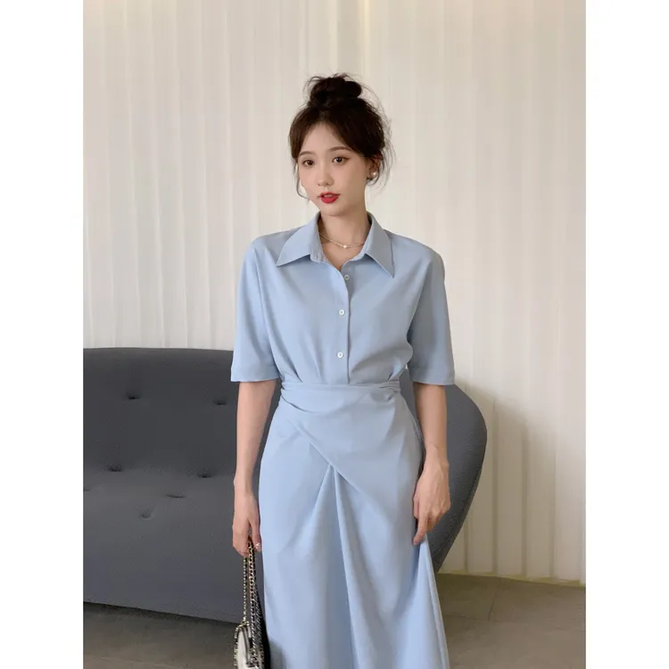 SHAOER【左岸巴黎】蓝色衬衫连衣裙女夏长款直筒a字裙S2023051320