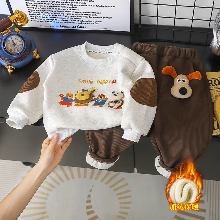 秋冬款男童女童加绒卫衣卫裤3D玩偶长袖男女童加厚打底