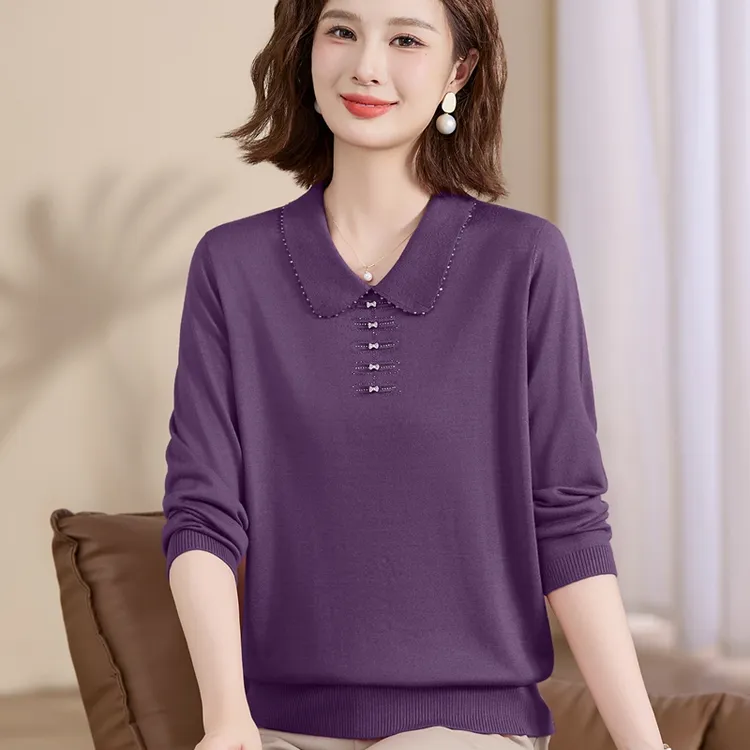 2024秋季新款中年妈妈时尚休闲宽松显瘦大码针织娃领长袖薄款小衫