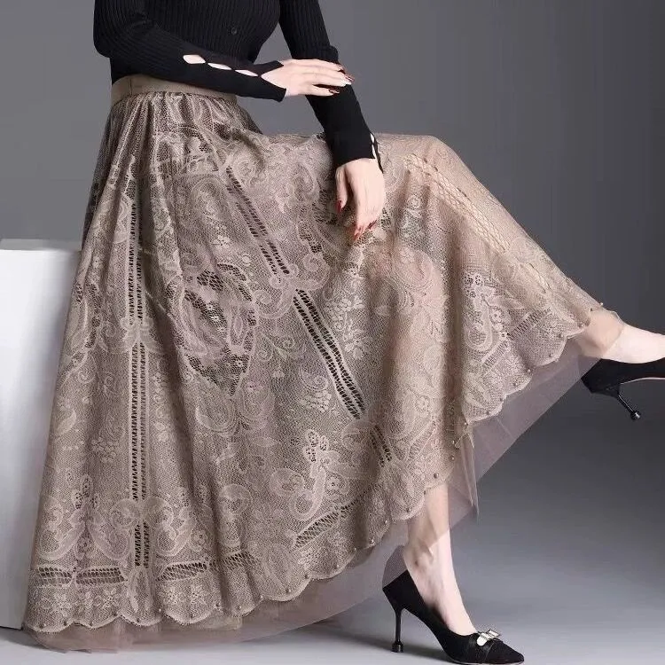 蕾丝网纱长裙半身裙女2025早春新款高腰显瘦中长款大摆气质垂感