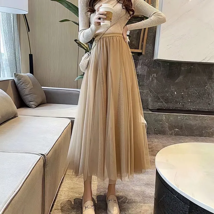 高端透气网纱半身裙女2025早春气质显瘦大摆长裙子垂感薄款长纱裙