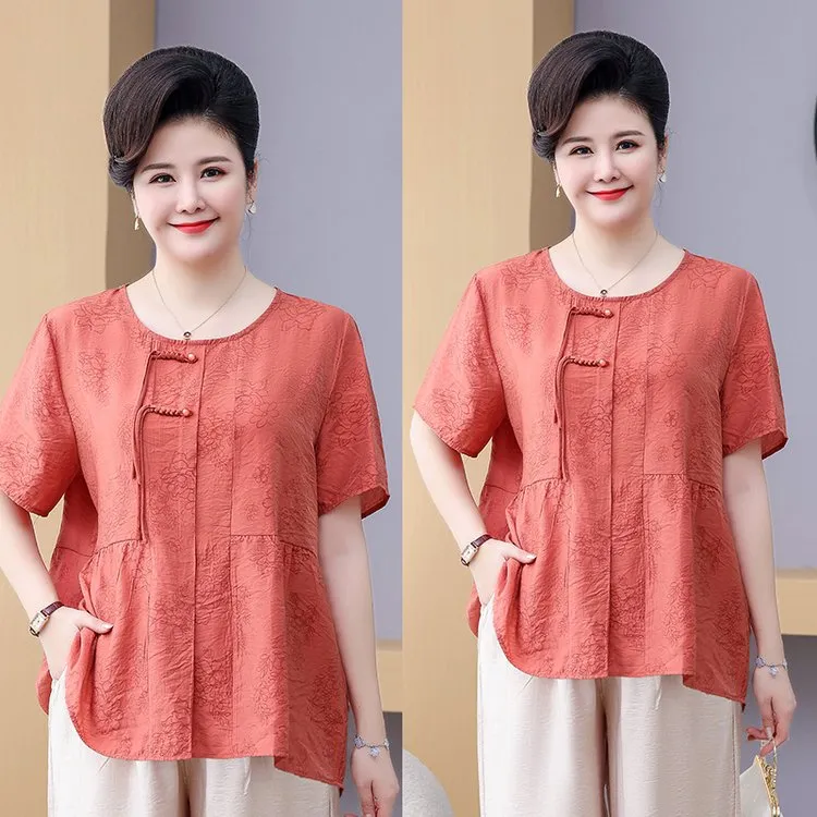 90-230斤特大码妈妈装夏季圆领衬衫领中老年加肥加大显瘦女装上衣