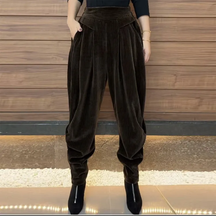 秋冬时尚洋气雪尼尔加厚高腰大码哈伦裤宽松休闲百搭外穿