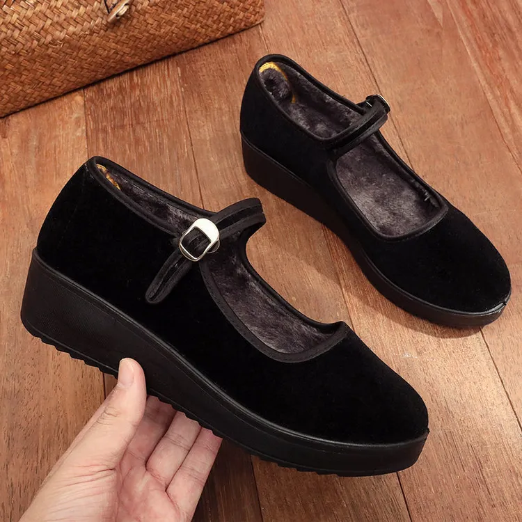 冬季加绒工作鞋服务员商场舞蹈鞋女布鞋上班软底鞋老北京布鞋女鞋