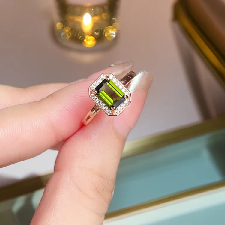 宇彩925银镶嵌天然绿碧玺戒指气质轻奢时尚简约碧玺戒指开口戒