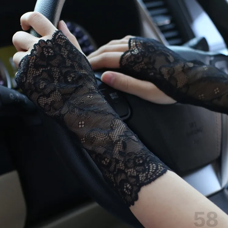 蕾丝手套女薄款半截露指白色女士开车夏季透气半指手套短女款