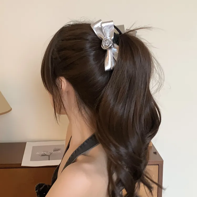 8053 时髦银系~玫瑰花朵蝴蝶结发圈丸子头抓夹发饰后脑勺盘发头绳