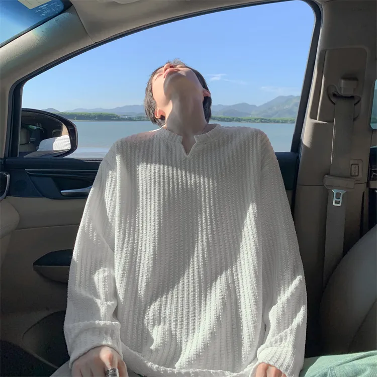 美式高街V领卫衣男春秋季纯色简约休闲百搭肌理感重磅白色长袖T恤