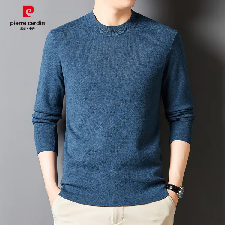 皮尔卡丹男士秋季纯色宽松圆领针织长袖毛衣简约套头百搭打底毛衫