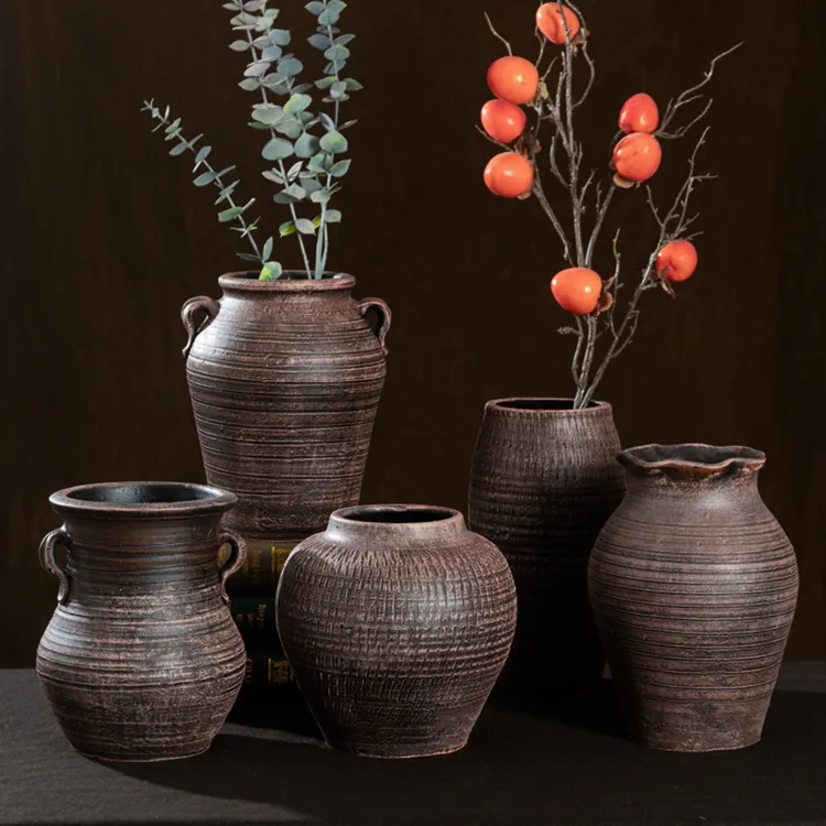 中式侘寂风复古花瓶陶罐插花水培花器手工禅意摆件老式土罐子民宿