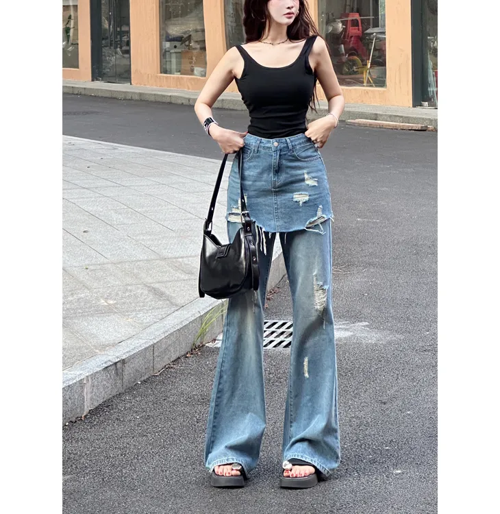 小众微喇叭裤裙牛仔裤女2025秋季新款破洞假两件高腰显瘦长裤子
