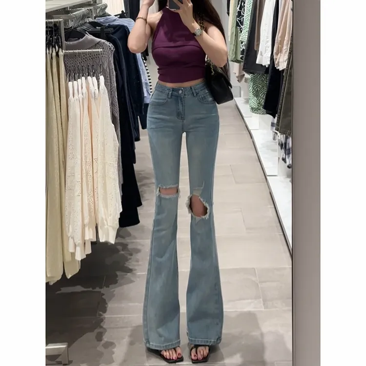 破洞微喇牛仔裤女2025年秋季新款弹力显瘦显高高腰设计感喇叭裤