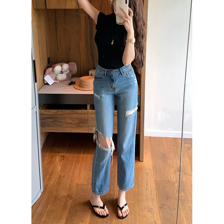 窄版破洞直筒牛仔裤女2025秋季新款高腰百搭修身显瘦直筒九分裤