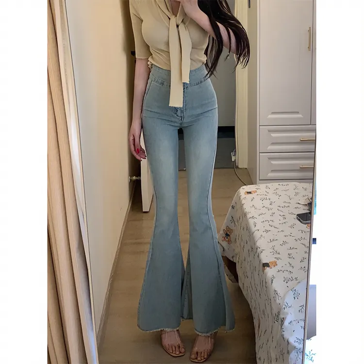 新款浅蓝色高腰微喇牛仔裤女2025年秋季新款弹力显瘦鱼尾喇叭裤
