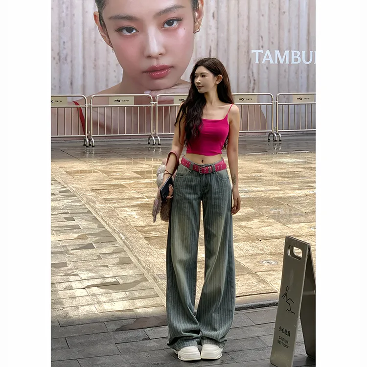 慵懒风条纹阔腿牛仔裤女2025秋季新款百搭低腰宽松垂感拖地长裤